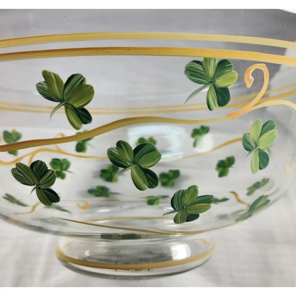 Beautiful Large Hand Painted Bowl w/ Green Shamrocks Great Decor or Dinnerware